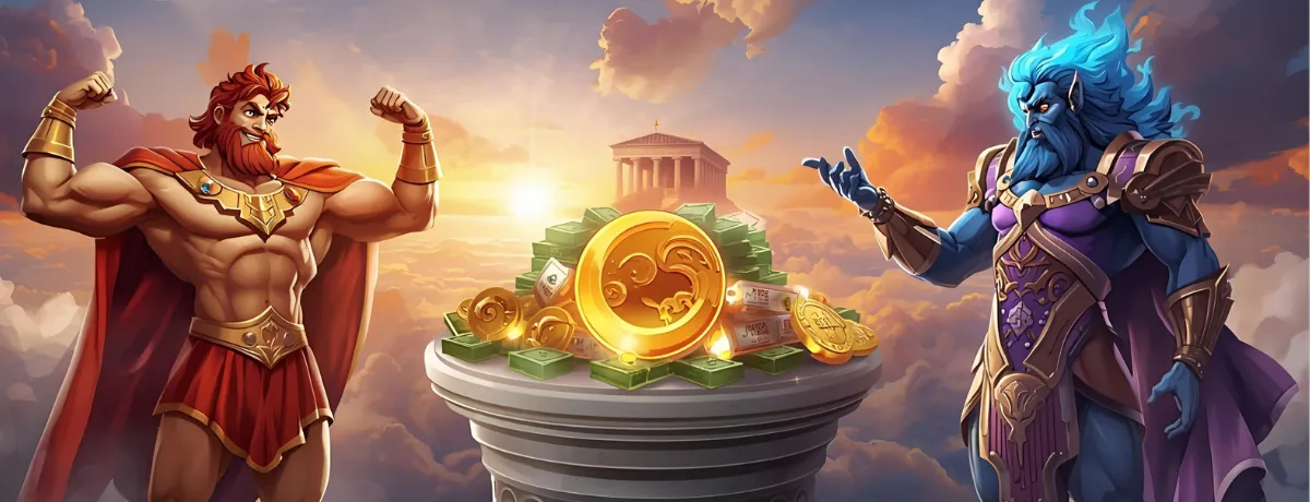 Romibet Casino Deutschland – griechische Götter mit Goldmünzen und Bonus im Himmel